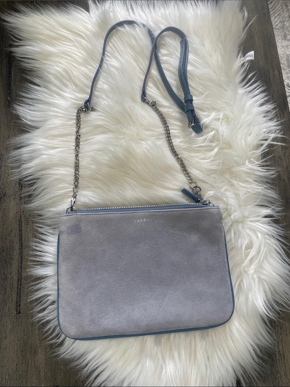 Sandro Gray Suede Crossbody with Blue Trim and Chain Strap